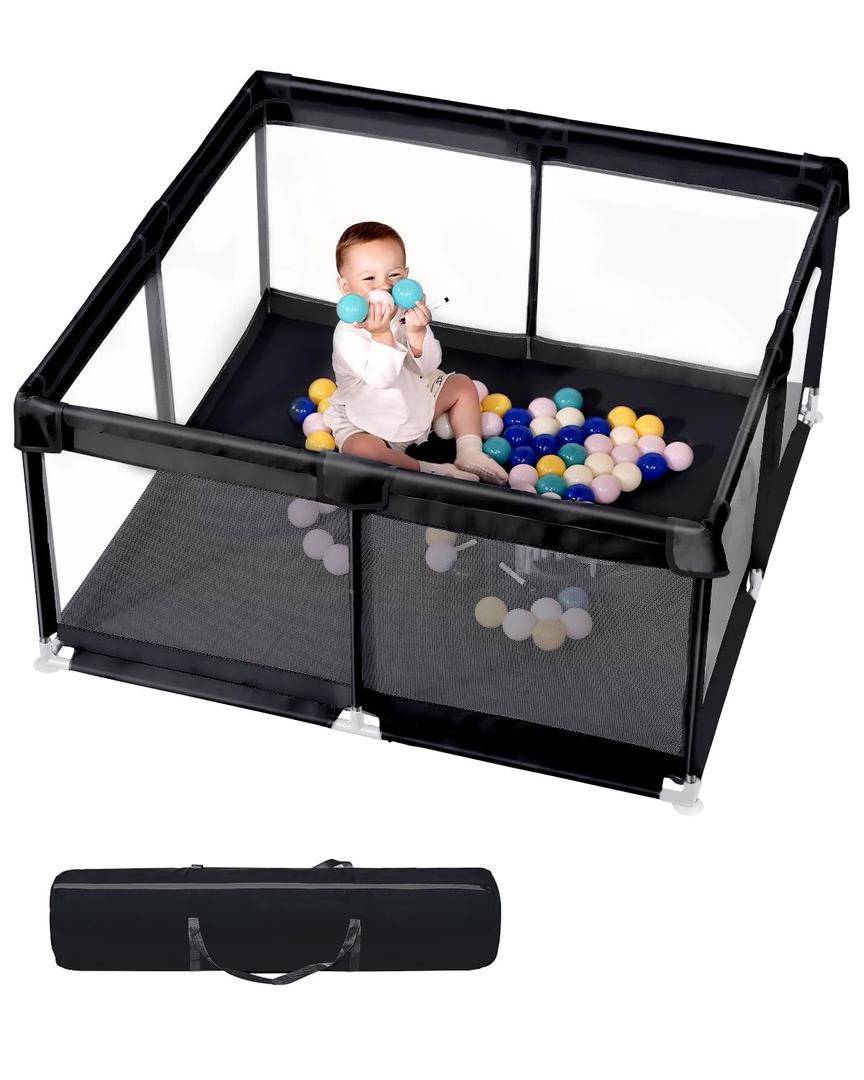 50" x 50" Extra Large Baby Playpen for Babies and Toddlers, Safe Activity Center with Soft Play Fence, Indoor Safety Yard, Easy to Assemble and Clean (Black)