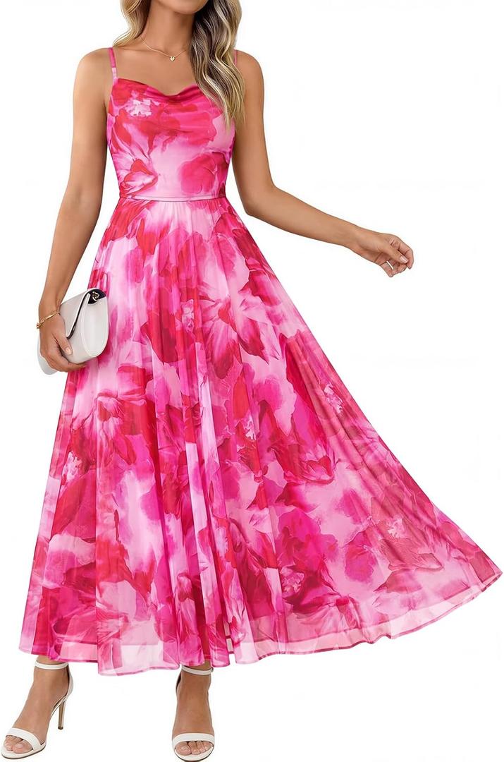 LILLUSORY Women Floral Maxi Summer Dress 2026 Flowy Elegant Spaghetti Strap Long Sundress Beach Vacation Wedding Guest Outfit, XL