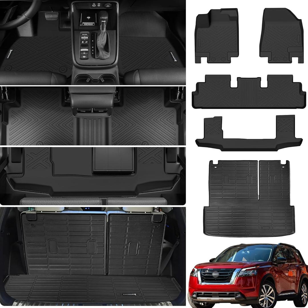 Floor Mats &Trunk Mat for 2022 2023 2024 2025 Nissan Pathfinder 7 Seats with Backrest Mat All Weather TPE Rubber Cargo Liner for 2022-2025 Nissan Pathfinder Accessories
