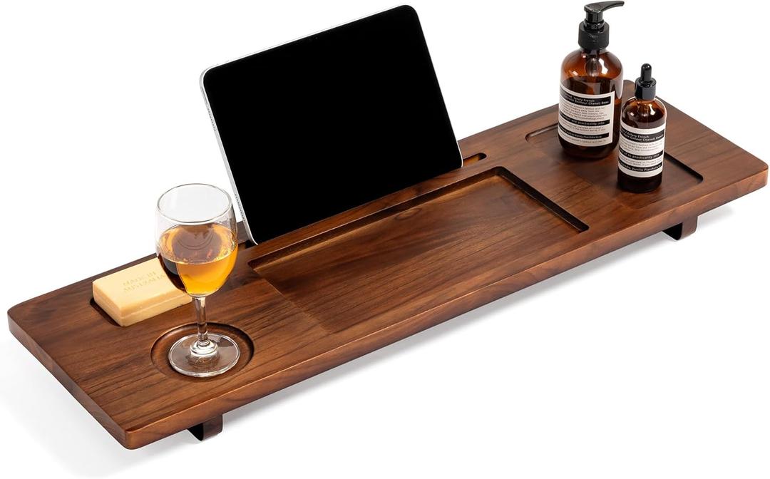 Premium Teak Bathtub Tray for Freestanding Baths - 29" Adjustable Spa Caddy | Compact, Thick & Stable Design | Anti-Tip with Accessories Holder | Natural Water-Resistant Finish