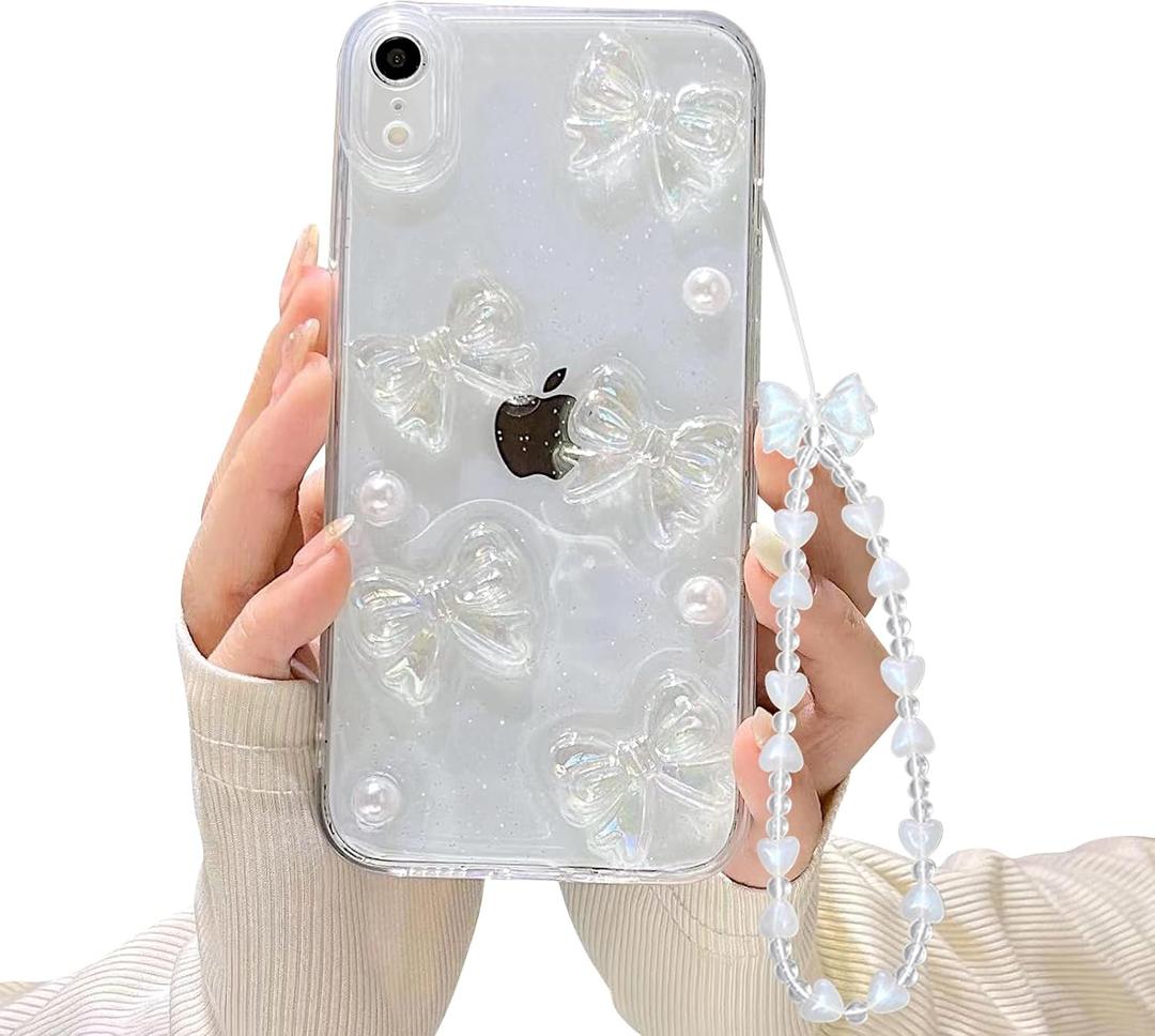 Ownest Compatible with iPhone XR Case with Clear Cute 3D Bowknots and Pearl Aesthetic Patterns for Women Teen Girls, Glitter Sparkle Back and Full Lens Protection Protective Phone Case Cover + Chain