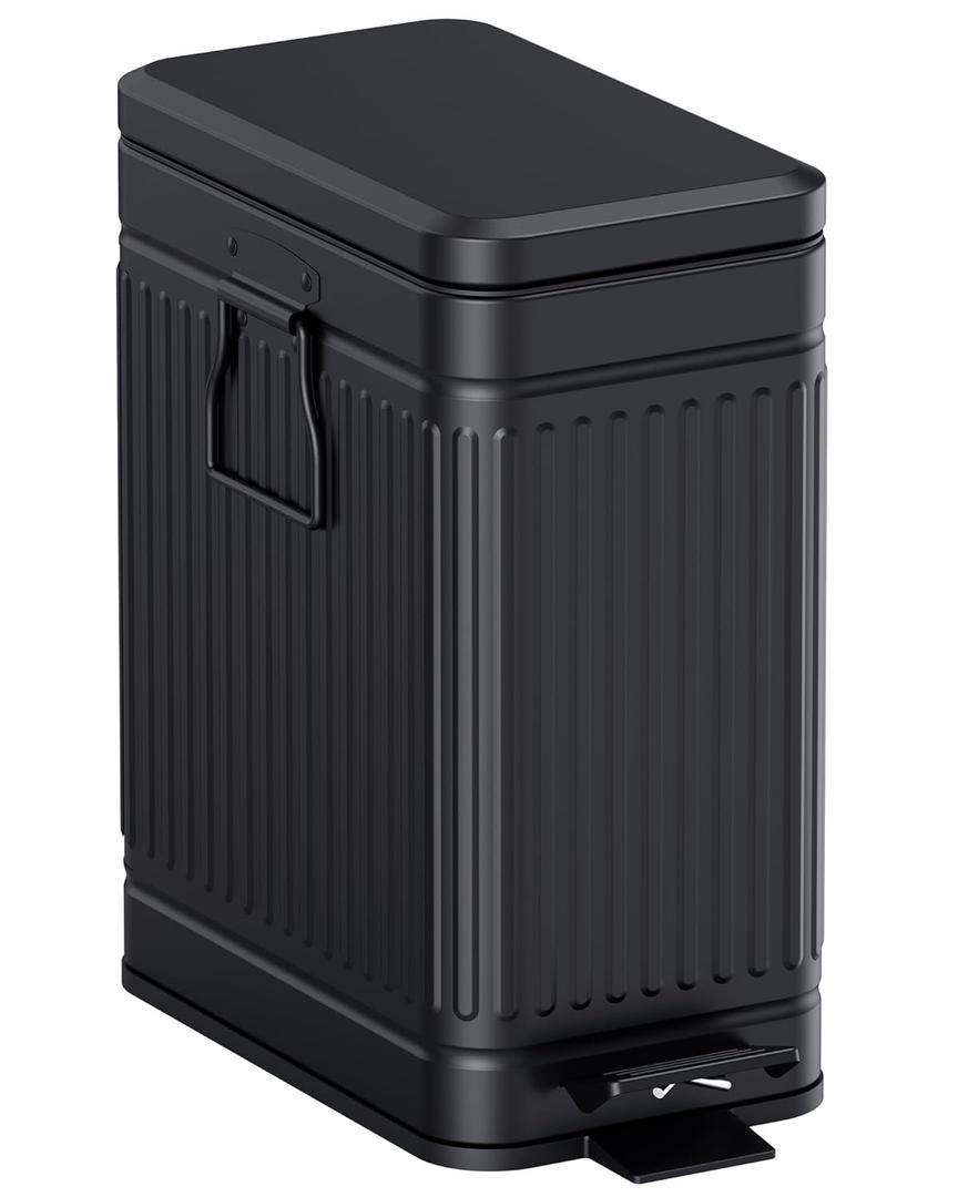 Small Bathroom Trash Can with Lid Soft Close, 6L / 1.6 Gallon Stainless Steel Small Garbage Can with Step Pedal, Slim Waste Basket for Bedroom, Toilet, Office - Black