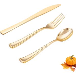 WDF 500PCS Gold Plastic Silverware Set Disposable - Gold Cutlery Set Plastic - 250Forks, 125 Spoons, 125 Knives for Thanksgiving Party, Birthday, Wedding