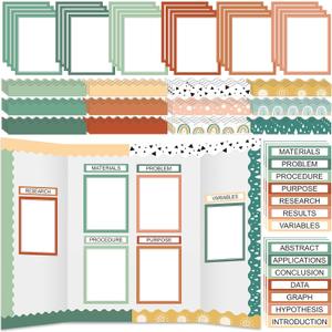 90 Pcs Science Fair Board Supplies 60 Trim Scalloped Bulletin Board Borders 24 Presentation Board Subtitles 6 Science Fair Titles for Classroom Display Boards(Geen Boho)
