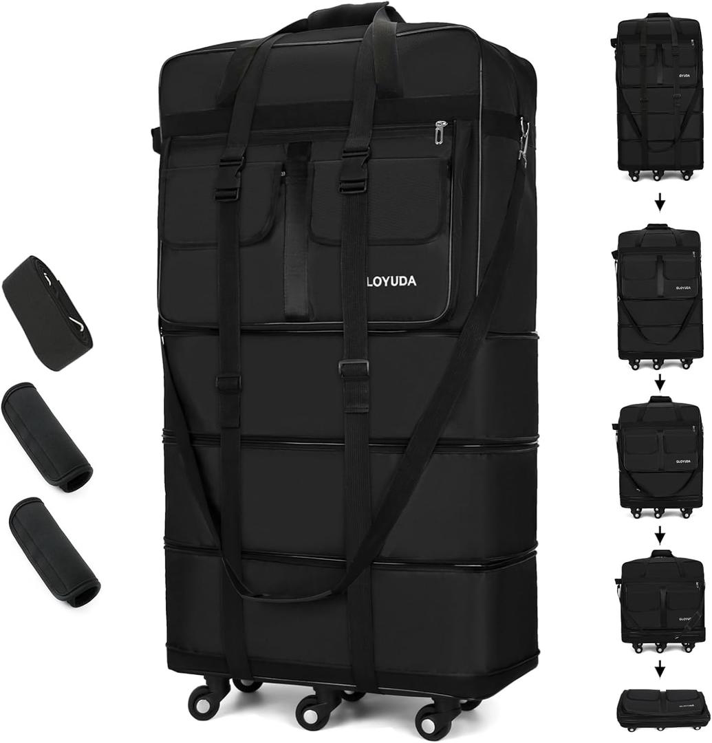 130L Expandable Luggage, 40 Inch Suitcase with Wheels, Collapsible Luggage with Wheels, Rolling Duffle Bag with wheels, Foldable Suitcasewith2Handle Wrap 2Fixing Straps 1Shoulder Strap (Black), Large