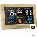 Newentor Weather Station Wireless Indoor Outdoor Thermometer, Color Display Digital Weather Thermometer with Atomic Clock, Barometric Pressure, Forecast Station with Adjustable Backlight, Wood