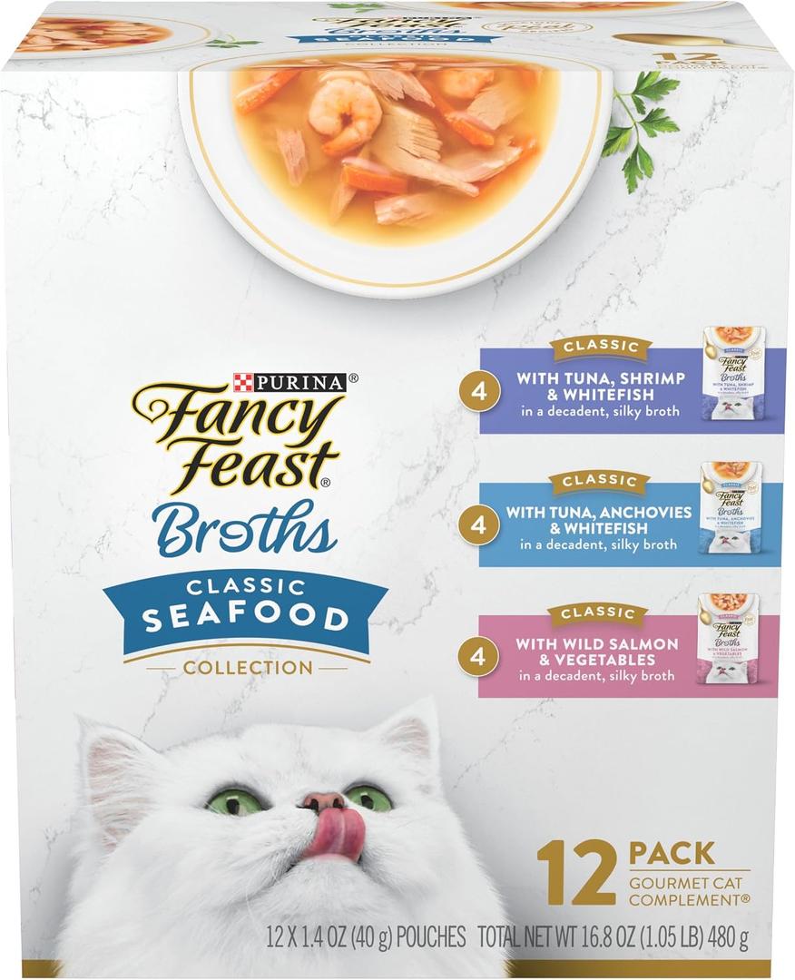 Purina Fancy Feast Lickable Wet Cat Food Broth Complement Classics Collection Variety Pack - (Pack of 12) 1.4 oz. Pouches (EXP 01/01/28)
