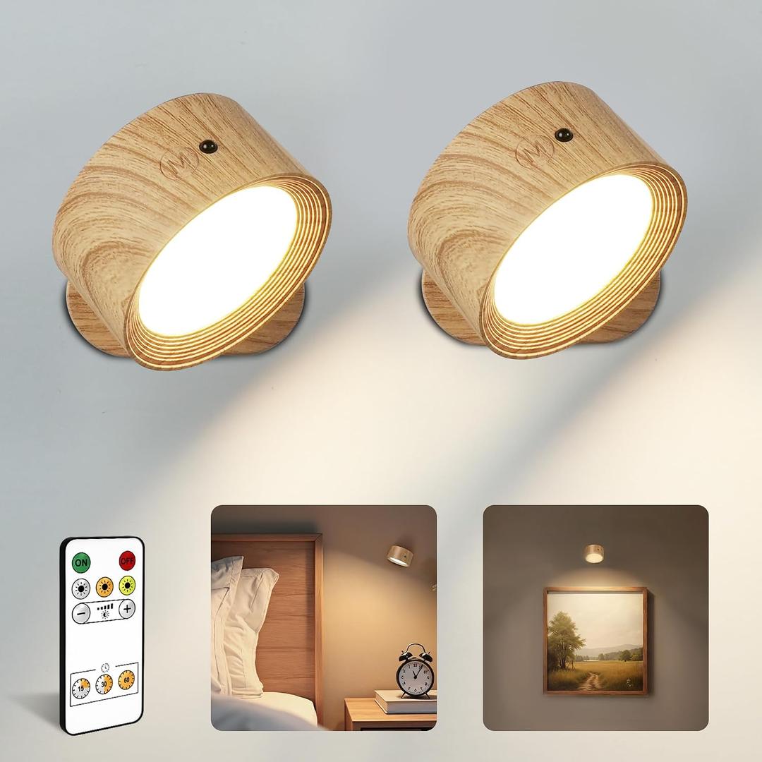 LED Wall Mounted Lights, Rechargeable Wall Sconces, 3 Color Temps, Remote & Touch, 360 Rotating and Dimmable for Bedroom, Bedside & Reading (Wood, 2 Pack)
