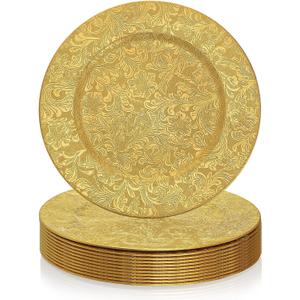 ZOOFOX 12 Pack Gold Charger Plates, 13" Plastic Round Antique Plate Chargers for Dinner Plates, Floral Charger Plates for Wedding Dinner Party Table Setting Decor