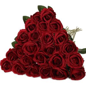 Hotop 20 Pcs Artificial Rose Flowers with Long Stem,Real Touch Silk Realistic Plastic Bouquet Roses Bulk for Home Decor Bridal Wedding Party Table Centerpieces Decorations(Wine Red)