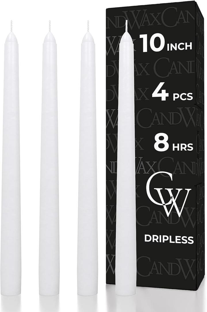 CANDWAX 10 inch White Taper Candles - White Candle Pack of 4 - Christmas Candle Tapers - Unscented Dripless Smokeless Long Burning Tall Candlesticks - Christmas Tapered Candles for Home Decor
