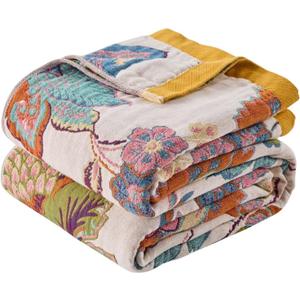 Boho Throw Blanket Reversible Muslin Bohemian Tapestry, Flower Decorated Bohemian Sofa,Couch Cover, Lightweight 100% Cotton Throw Blankets, Rustic Boho Quilt Blanket,Bedspread, 50"x60"