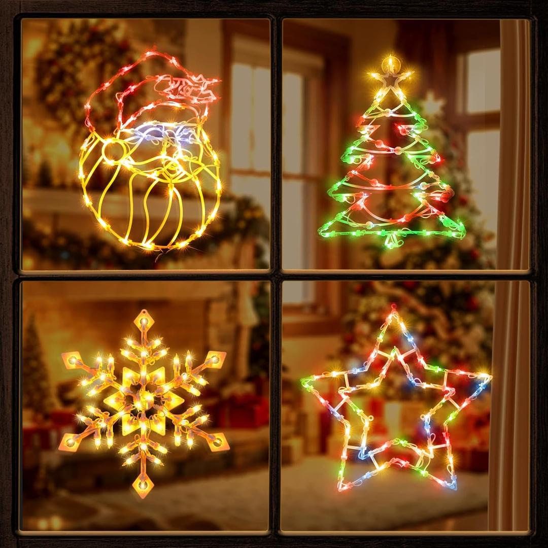 4 Pack Christmas Window Silhouette Lights Decorations, Santa Claus, Xmas Trees, Snowflake, and Star Window Silhouette with 50 Bulbs for Holiday Indoor Wall Door Glass Decorations