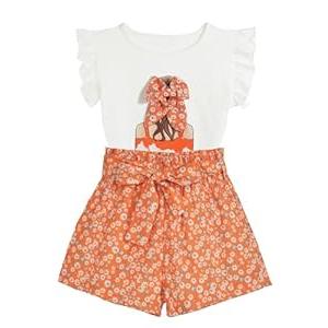 EuquixZeph Toddler Girls Clothes Cute Outfits For Girls Clothes Set Size 6-7 Sleeveless Print Bow T Shirts and Print Shorts Sets Waist Belted Orange Ditsy Floral For Spring Summer