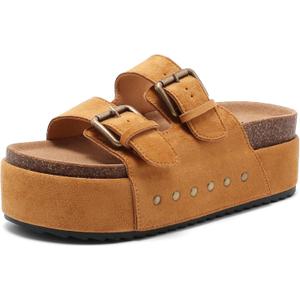 Women's Platform Clogs Sandals Cork Footbed with Comfort Double Buckles, Summer Platform Slides Mules, Summer Beach Comfort Wide Widths Availab (7, Brown)