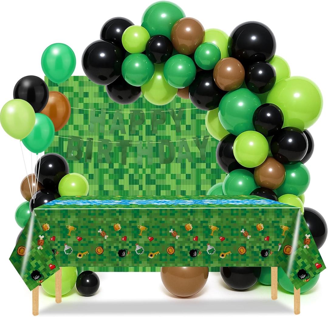 Pixel Birthday Party Decorations Set for Boys, Pixel Party Supplies with 120 Balloons, Happy Birthday Banner, Tablecloth & 2 Fringe Curtains, Video Game Themed Decoration Kit or Kids Gamer