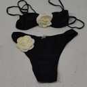 OYOANGLE Women's 2 Piece 3D Rose Bikini Swimsuit Spaghetti Strap High Waisted Bathing Suit Beachwear (Black and Beige), S
