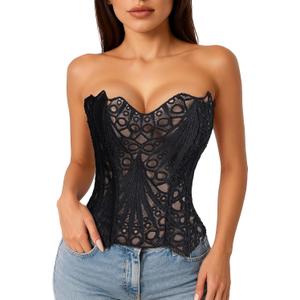 LEACOOLKEY Lacework Corset Top for Women Sexy Textured Sheer Floral Lace Bustier Going Out Lace-up Corset Overbust Top (Large, Black)