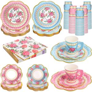 200 Pcs Disposable Tea Party Cups and Saucers Set, 50 Guests Floral Tea Party Supplies Include 9 oz Paper Tea Cups with Handle, 9 Inch Paper Plates, Saucers Napkins for Tea Party Birthday Wedding