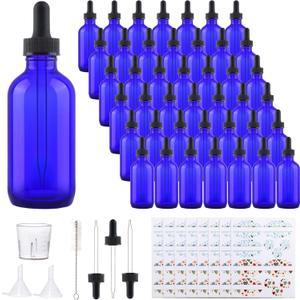 42 Pack 4oz Cobalt Blue Glass Bottles with Glass Eye Droppers for Essential Oils, Perfumes & Lab Chemicals (Brush, Funnels, 3 Extra Droppers, 48 Pieces Labels & 30ml Measuring Cup Included)