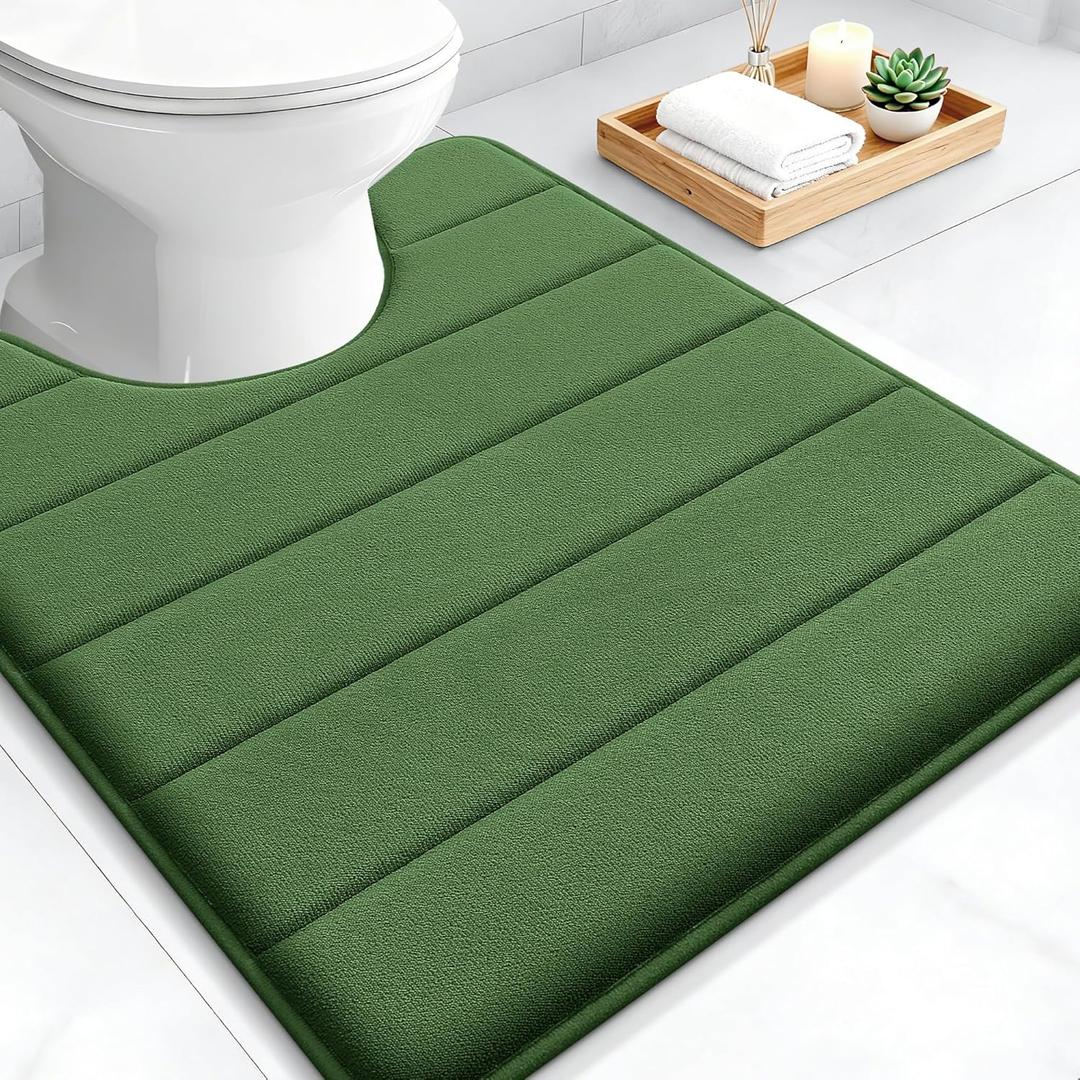 OLANLY Memory Foam Toilet Rugs U Shaped 24x20, Super Soft Absorbent Contour Bath Rugs, Quick Dry Machine Washable Toilet Mat, Bathmat Floor Carpet, Bathroom Home Decor Accessories, Olive Green
