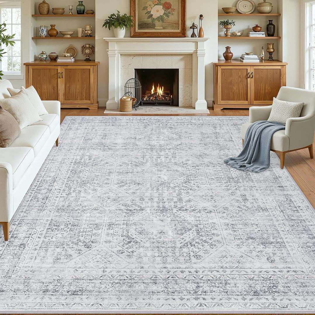 Area Rugs 9x12 Living Room: Vintage Boho Neutral Washable Rug Indoor Soft Large Area Rug Carpet for Bedroom Nursery Farmhouse Dining Room Office Floor Non-Slip Low Pile Under Table Rug Gray
