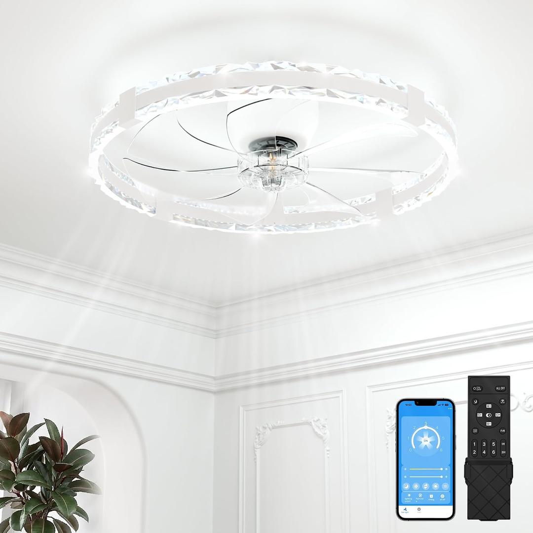 VOLISUN Low Profile Ceiling Fans with Lights and Remote, 24in Fandelier Ceiling Fans with Lights Flush Mount, Dimmable Bladeless LED Ceiling Fan Light, White Modern Ceiling Fan Light for Bedroom
