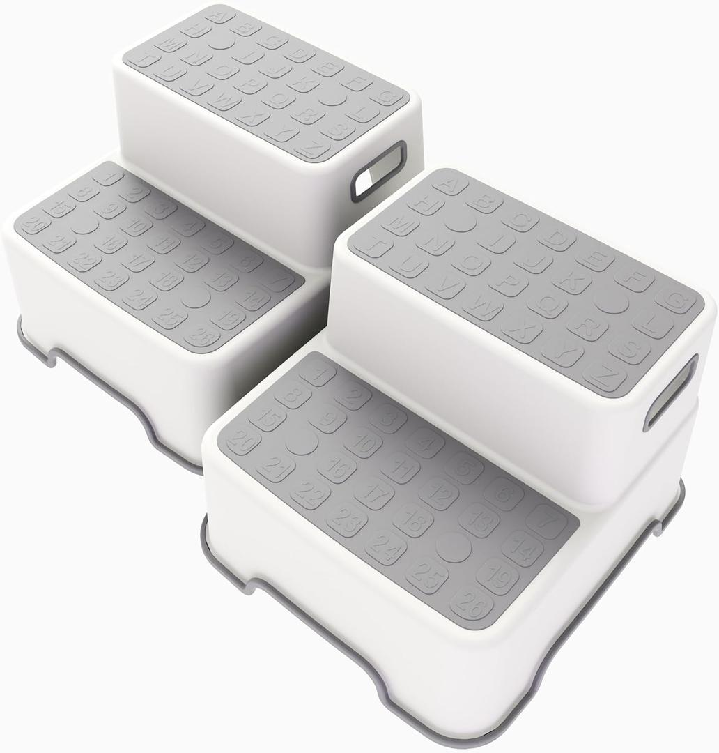 Toddler Step Stool for Bathroom Sink, 2 Pack Step Stool for Kids, Plastic Potty Training Toilet Stepping Stools, Child and Baby Lightweight&No-Slip Two Step Stools for Kitchen(Off-White/Gray)