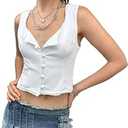 SOLY HUX Women's Lace Trim Button Down Tank Top Sexy Scoop Neck Fitted Vest Crop Tops Y2k Going Out Shirts Plain White, Large