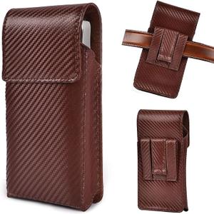 LEATHER VILLAGE Carbon Fiber Genuine Leather Phone Holster with Belt Clip - Compatible with iPhone 16, 16 Pro, 15, 15 Pro, 14, 14 Pro, 13, 13 Pro, 12, 12 Pro, 11, Galaxy S25, S24, S23 - Brown - M