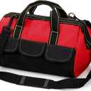 Hiceeden 16 Inch Wide Mouth Tool Bag, Collapsible Tool Tote with Waterproof Coating and Adjustable Strap, Portable Electrician Tool Organizer Handbag with 5 Outside Pockets, Red