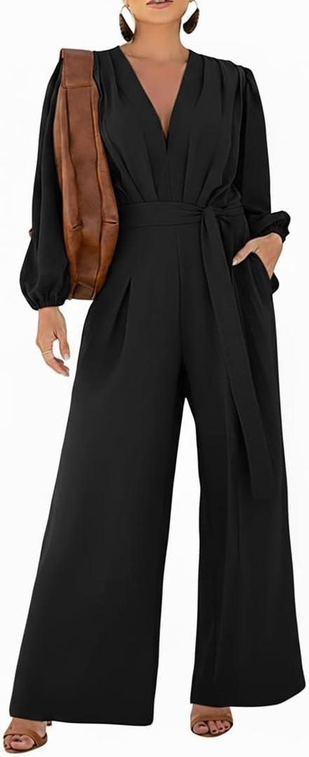 CHICME Womens 2025 Elegant Long Puff Sleeve Jumpsuit Deep V Neck Tie Waist Casual Wide Leg Pants Romper with Pockets (Medium, Black)