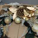 24" Christmas Wreath for Front Door  Artificial Winter Half Wreath with Gold Maglonia Flower, Ball Ornaments, Fern Leaves for Indoor & Covered Outdoor Holiday Christmas Decoration