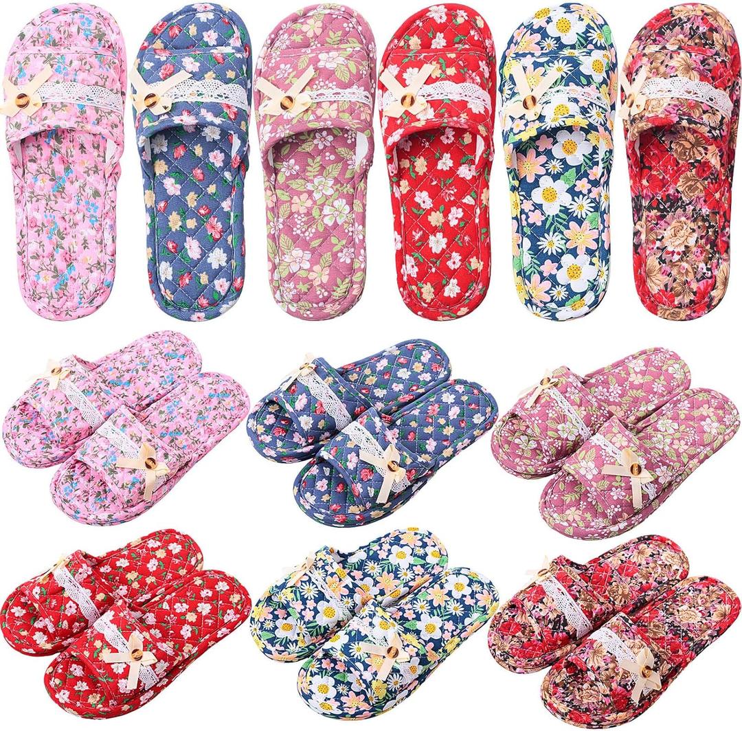 6 Pairs Floral Cotton House Slippers for Women Soft Open Toe Indoor Washable Portable Foldable Comfortable Hotel Travel Airplane Spa Guest Slippers