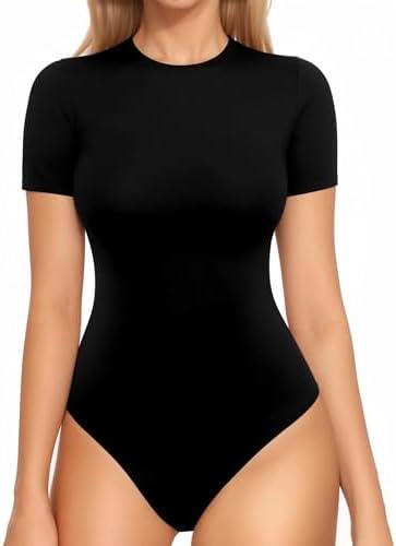MANGOPOP Womens Short Sleeve Bodysuit Crew Neck Double Lined T-shirt Tops Second Skin Bodysuit Collection (Medium, A-black)