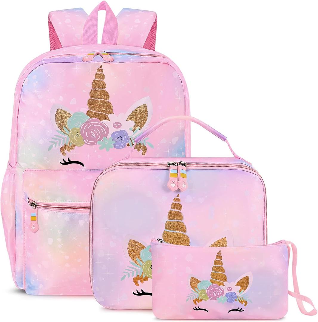 Cokouchyi 3 Pcs Kids Backpack Set with Lunch Box & Pencil Case, Lightweight Preschool Backpack for Girls Age 3-8, Kids Book bag Elementary, Unicorn