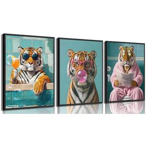 3Pcs Funny Tiger Bathroom Canvas Wall Art Trendy Preppy Tiger Bathroom Wall Decor Prints Fashion Sunglasses Animal Toilet Paintings Pictures for Washroom Toilet Home Decoration 12x16in Unframed
