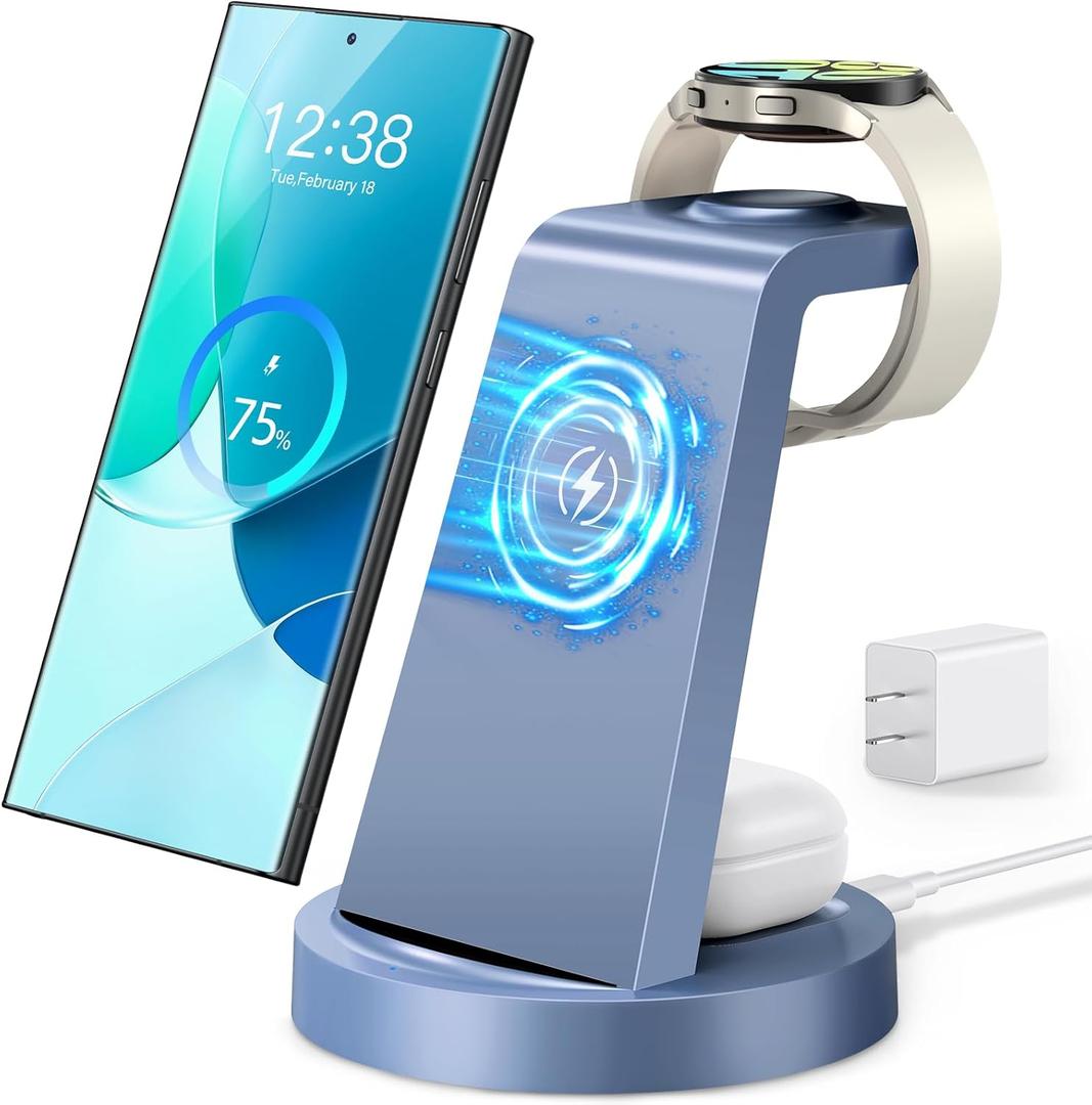 Wireless Charger for Samsung: 3 in 1 Wireless Charging Station for Samsung Galaxy Watch 8 7 6 5 4 3 Pro Classic Galaxy Buds - Charger Dock Stand for S25 S24 Ultra S23 S22 S21 Note Z Fold Android (Blue)