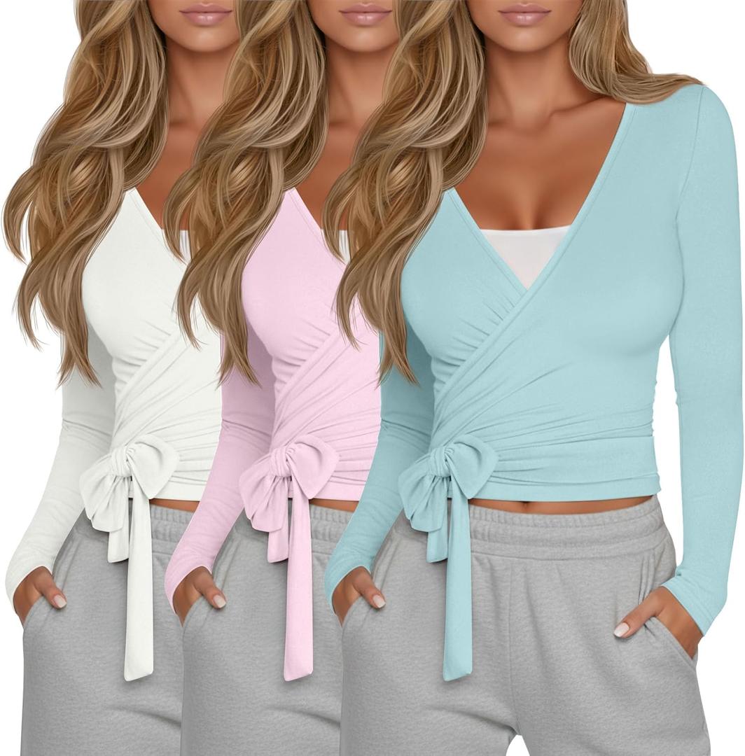 3 Pack Women's Tie Wrap Tops, Long Sleeve Workout Ballet Yoga Pilates Shirts Deep V Neck Tie Front Y2k Blouses (X-Large, Beige White, Pink, Light Lake Blue)