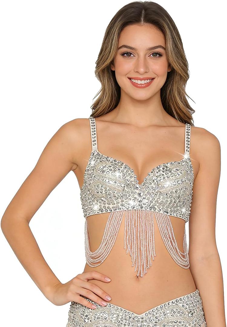 Rhinestone Bra for Women Sequin Mermaid Bra Belly Dance Beaded Sparkly Top for Rave Cabaret Party Club Silver