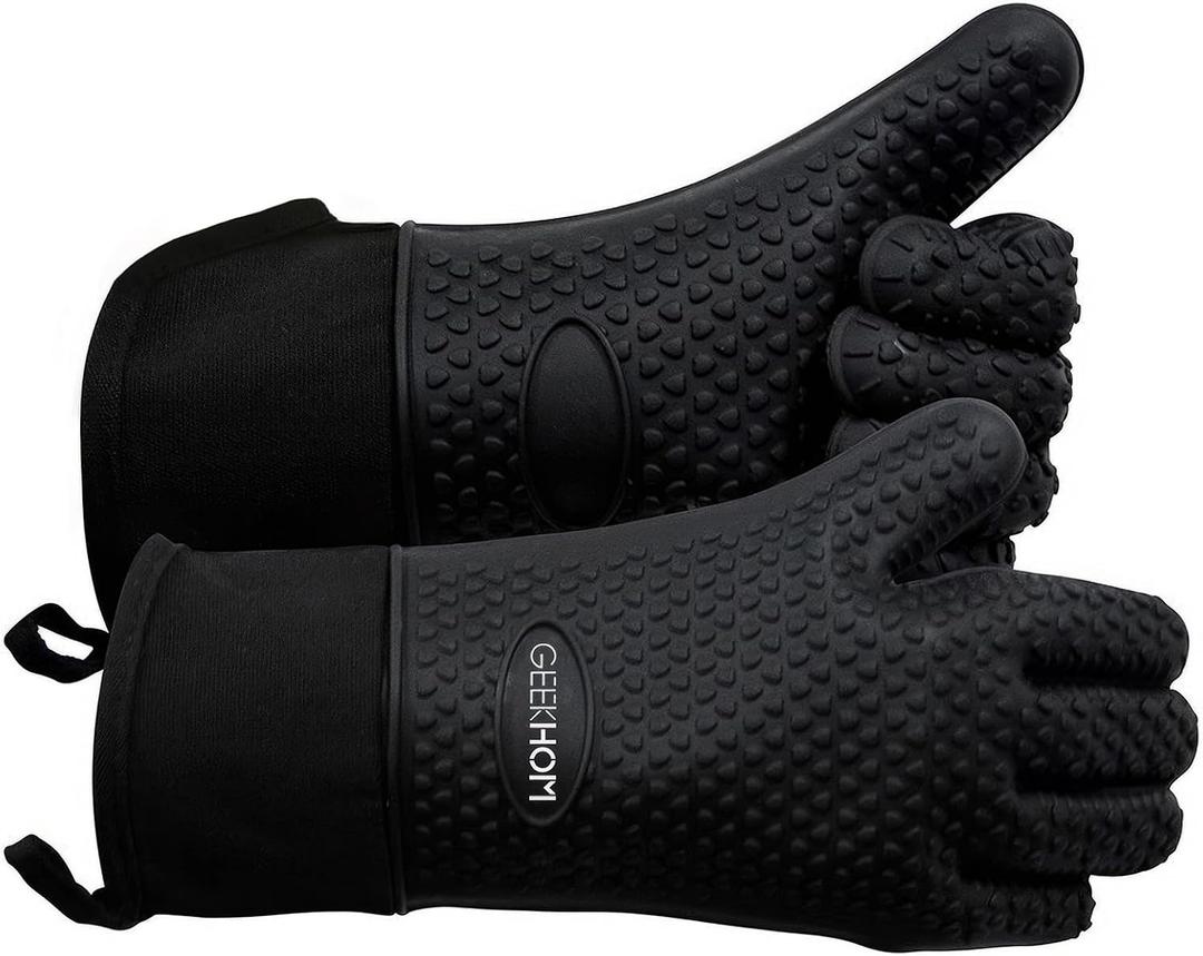 GEEKHOM BBQ Gloves X-Large, Heat Resistant Kitchen Silicone Oven Mitts, Waterproof Oven Gloves, BBQ Grill Accessories for Baking, Fryer, Smoker, Weber, Pizza, Microwave, Non-Slip, Black, L
