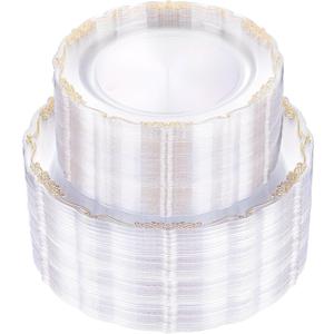 U-QE 100PCS Clear Gold Plastic Plates - Disposable Heavy Duty Clear Plates with Gold Rim Including 50PCS 10.25'' & 50PCS 7.5'' Perfect for Party, Weddings