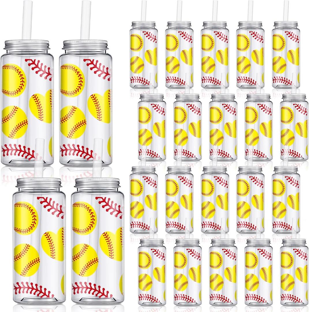 Domensi 24 Pack 14.2 oz Softball Plastic Cups with Lid and Straw Clear Reusable Cups with Lids and StrawsTumbler for Birthday Sports Themed Party Supplies