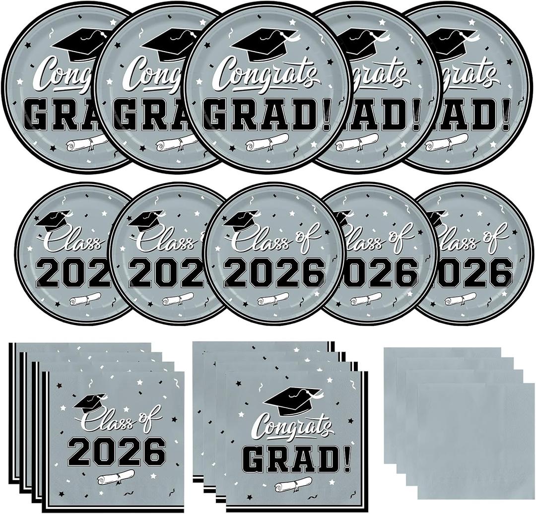 Graduation Party Plates and Napkins Gatherfun Graduation decorations 2026 Silver Disposable Paper Plates Luncheon Napkins Cocktail Napkins for Congrats Grad Party Decorations, Serve 50