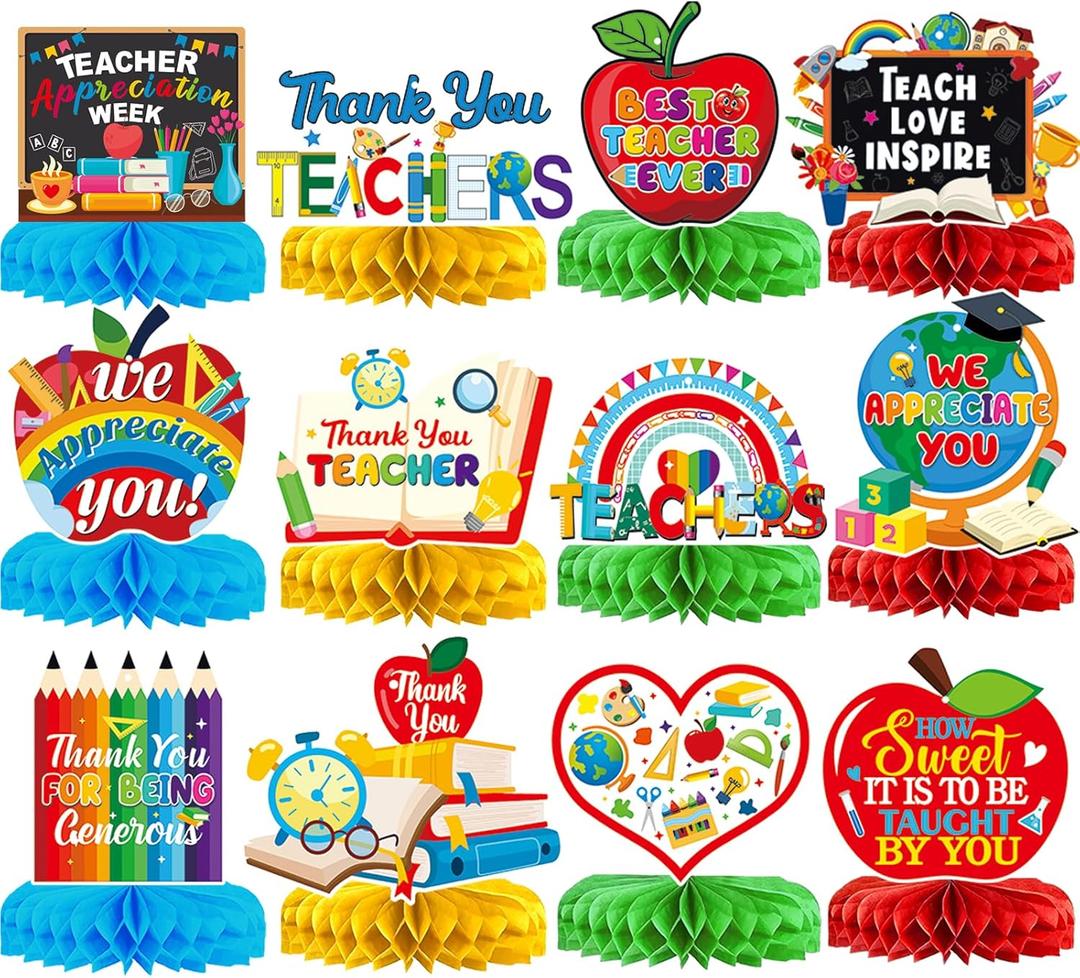 12Pcs Teacher Appreciation Table Decorations Honeycomb Centerpieces Thank You Teachers Table Centerpieces Teacher Appreciation Decorations for Teachers Day Party Decorations
