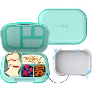 Bentgo Chill Kids Leak-Proof Lunch Box - 4-Compartment Bento Box with Built-In Ice Pack, 3.3 Cup Capacity, PFAS & BPA-Free, Microwave & Dishwasher Safe, Ideal Size for Ages 3 to 7 (Aqua)
