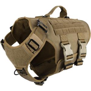 ICEFANG No Pull Tactical Dog Harness for Large Dogs, Adjustable Dog Vest Control Handle, MOLLE Panel, Front Hook, 3 Leash Clips, Soft Padded,for walking training, Brown, Large
