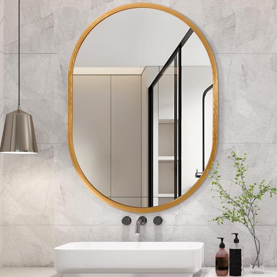 JJUUYOU Oval Bathroom Mirror Wall Mounted Mirror Gold Metal Mirrors 16"x20" Aluminum Alloy Framed Bedroom Mirrors for Living Room Entryway Dorm and Entryway