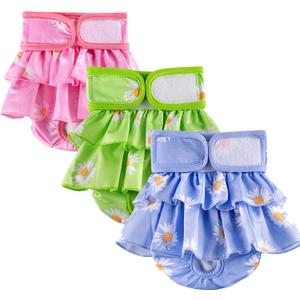 Washable Female Dog Diapers, Durable Pet Skirt for Dog Dress, Reusable Pet Diapers and Puppies Dogs Heat Panties for Girl Dogs Menstrual Periods (X-Small, 3 Packs) (Pink Green Blue)