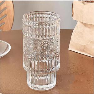 330ml Glass Mug Tall Vintage French Embossed Bubble Juice Cup Coffee Cold Drink Mug Romantic Gift (2 Pcs) (Sunflower)